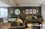 wallpaper feature wall, patterned wallpaper, lounge, living room, green living room, grasscloth 